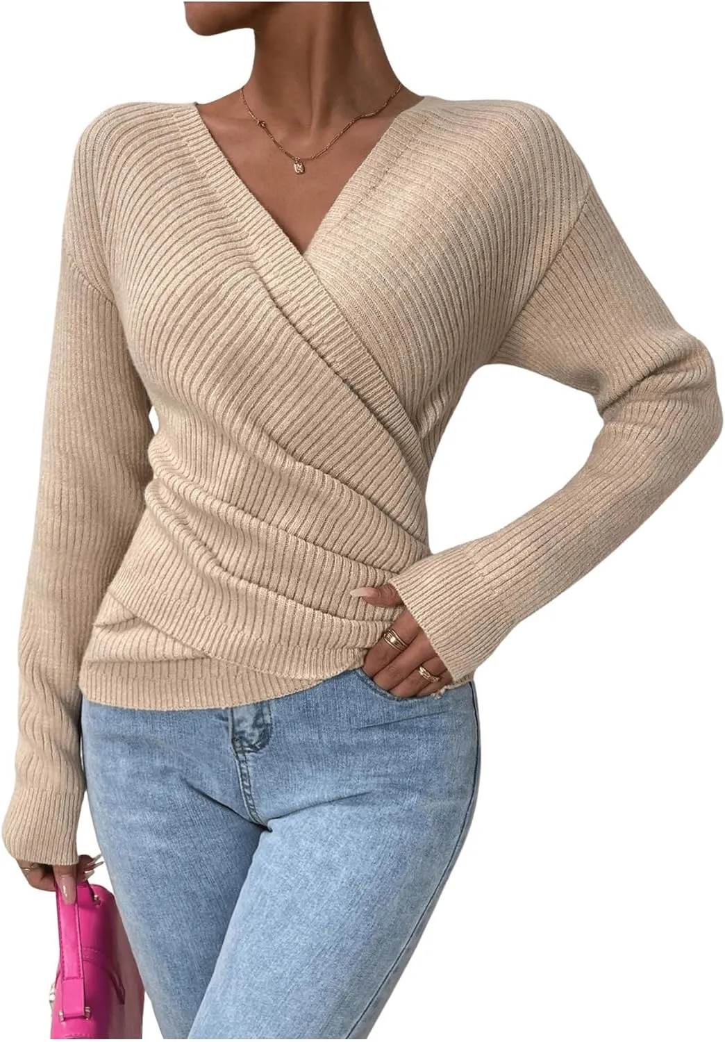 SOLY HUX Women's V Neck Long Sleeve Off Shoulder Sweaters Criss Cross Wrap Ruched Pullover Fall Tops