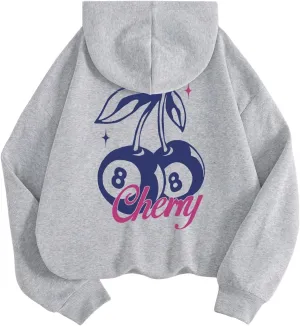 SweatyRocks Women's Cherry Graphic Hoodies Letter Print Long Sleeve Oversized Sweatshirt with Pocket