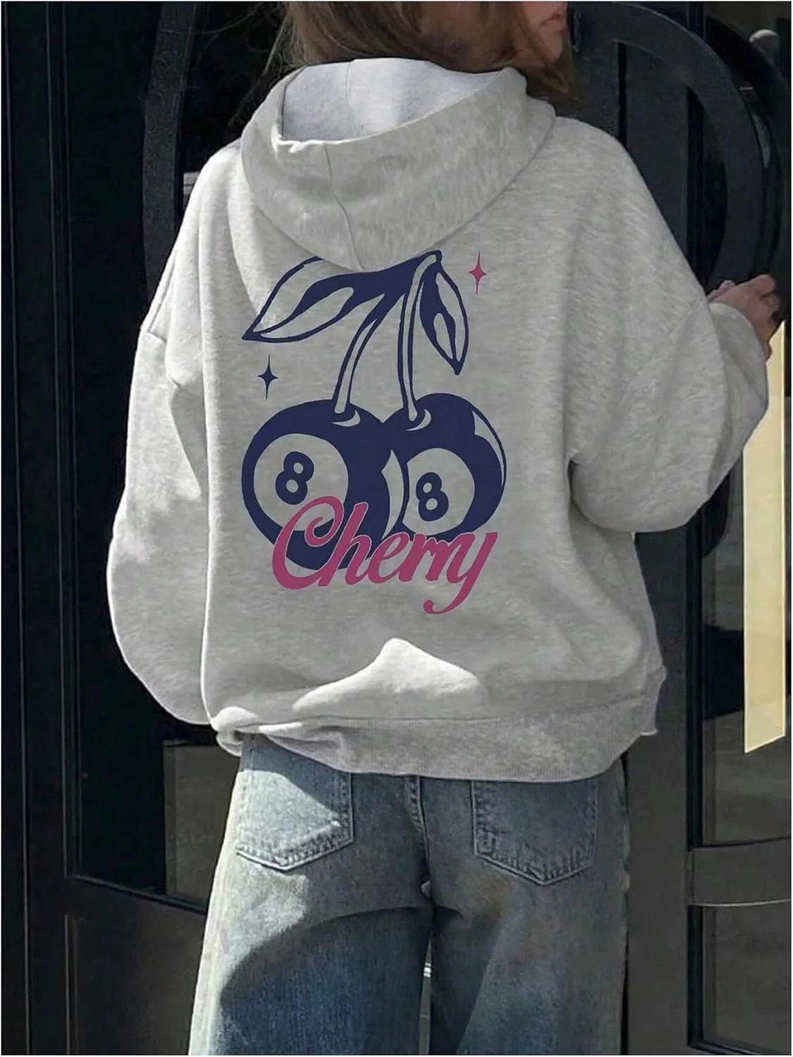 SweatyRocks Women's Cherry Graphic Hoodies Letter Print Long Sleeve Oversized Sweatshirt with Pocket