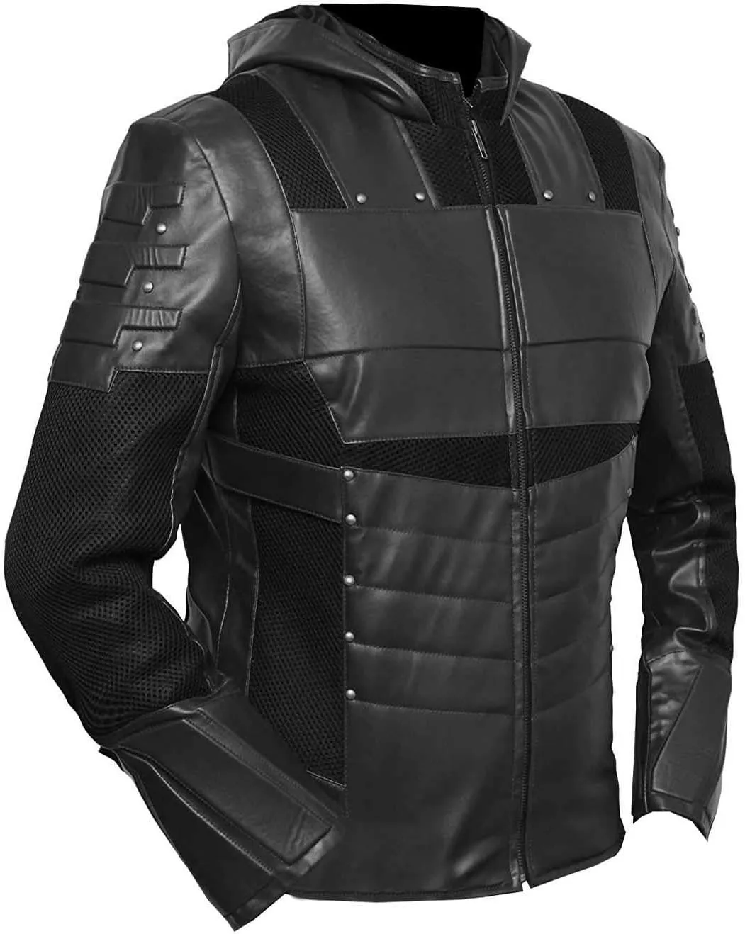 VearFit Emerald Archer Green Arrow Hooded Black SuperHero Comic Men Faux Leather Jacket