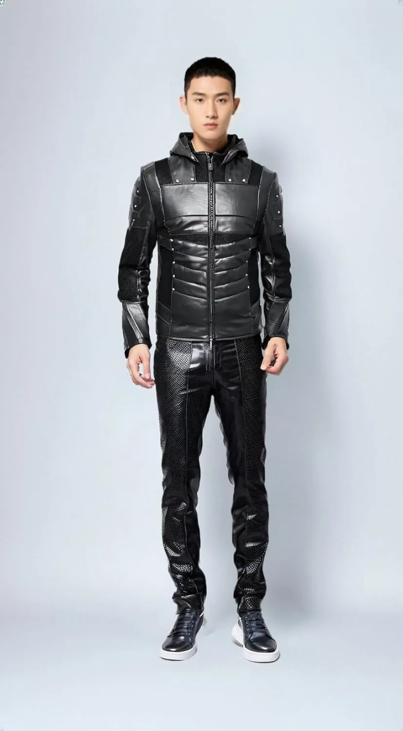VearFit Emerald Archer Green Arrow Hooded Black SuperHero Comic Men Faux Leather Jacket