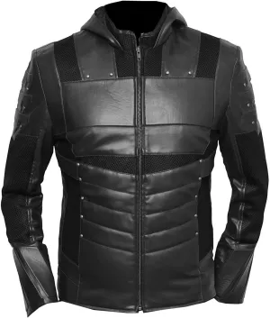 VearFit Emerald Archer Green Arrow Hooded Black SuperHero Comic Men Faux Leather Jacket