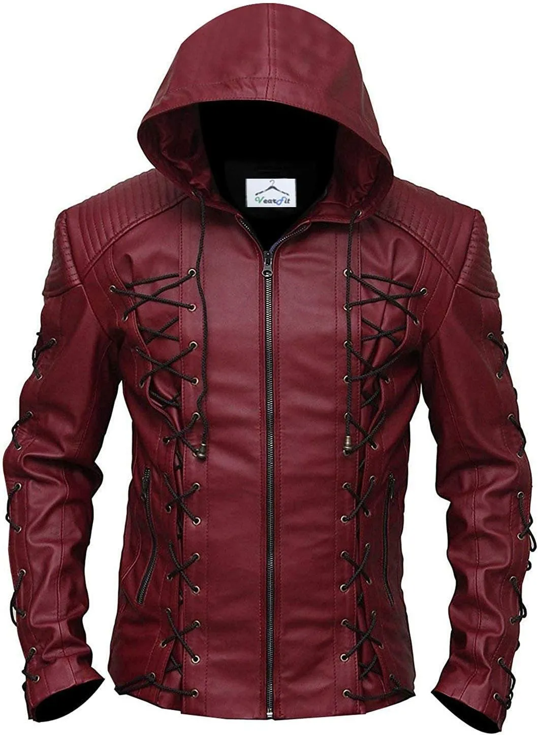 VearFit Stephen Amell Green Arrow Roy Harper Mens Black Faux Leather Jacket SuperHero