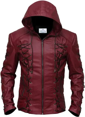 VearFit Stephen Amell Green Arrow Roy Harper Mens Black Faux Leather Jacket SuperHero