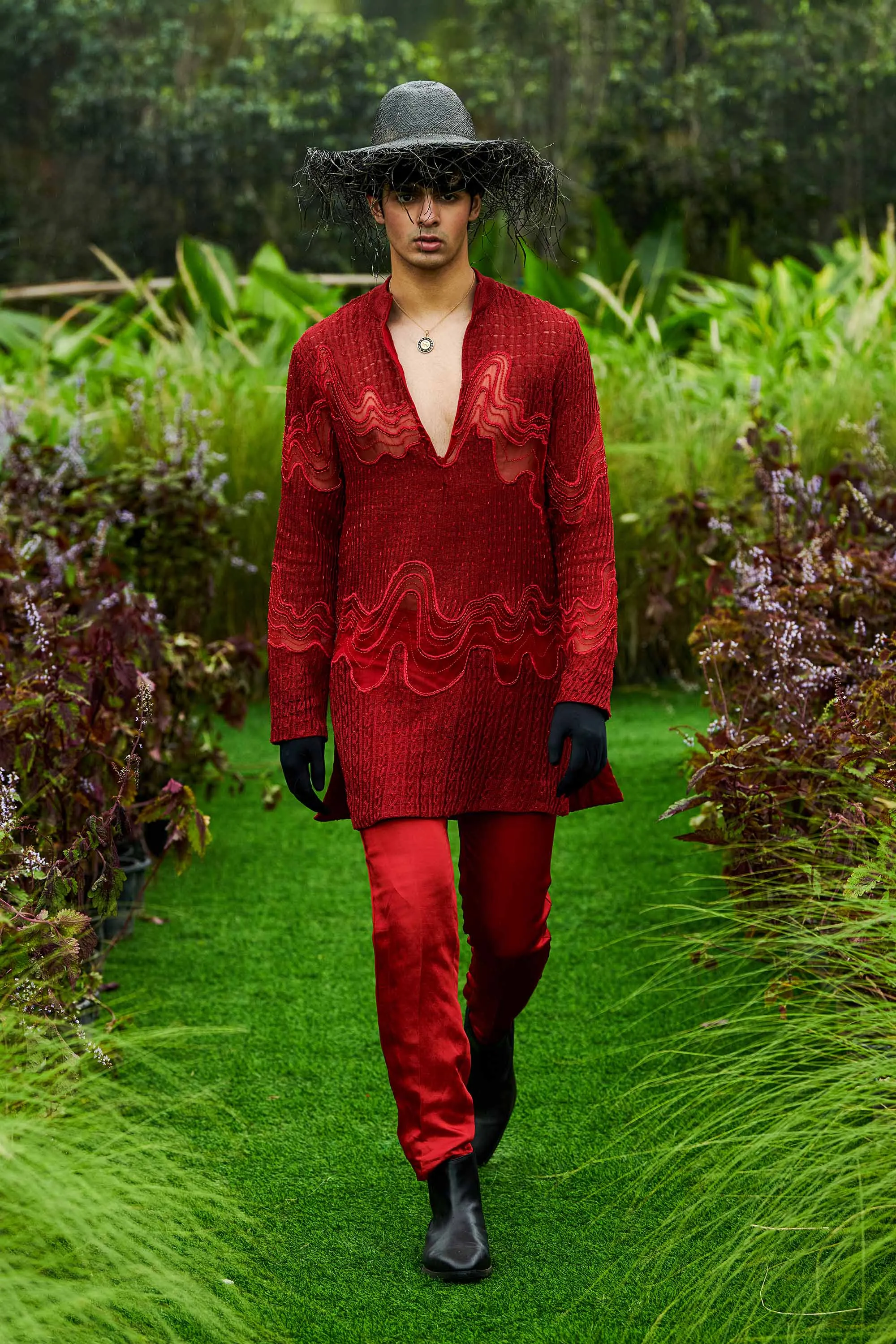 Vermillion Ripplet Stripe-knit Kurta with Churidaar