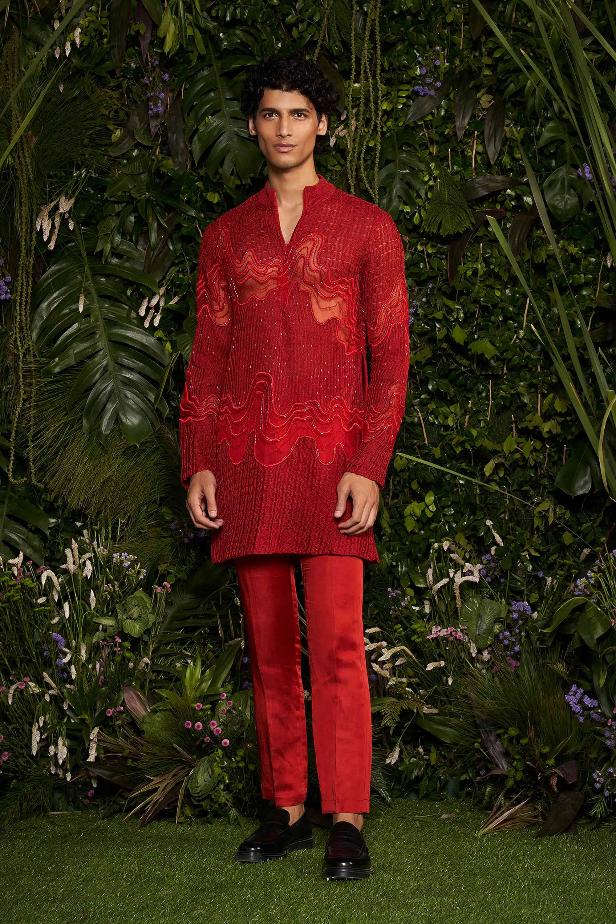 Vermillion Ripplet Stripe-knit Kurta with Churidaar
