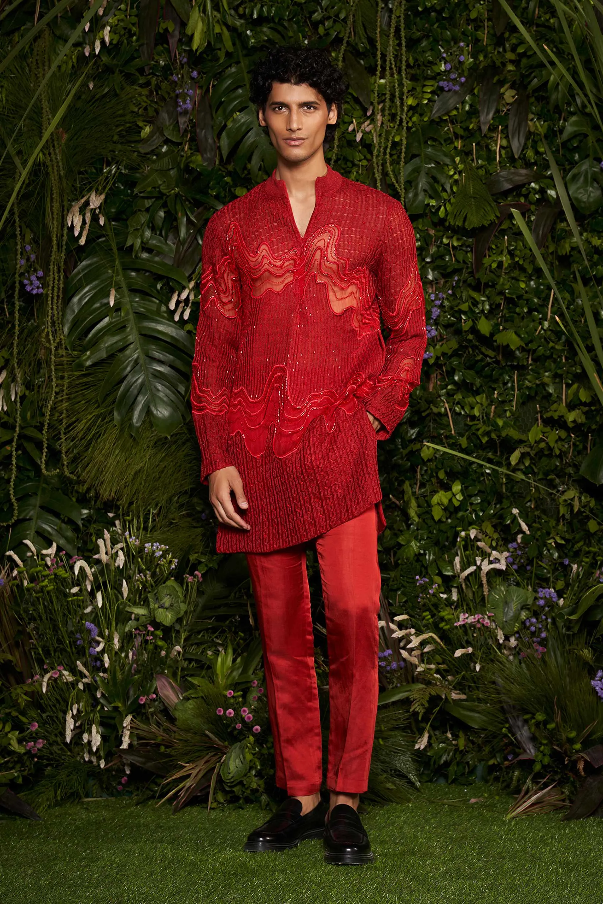 Vermillion Ripplet Stripe-knit Kurta with Churidaar