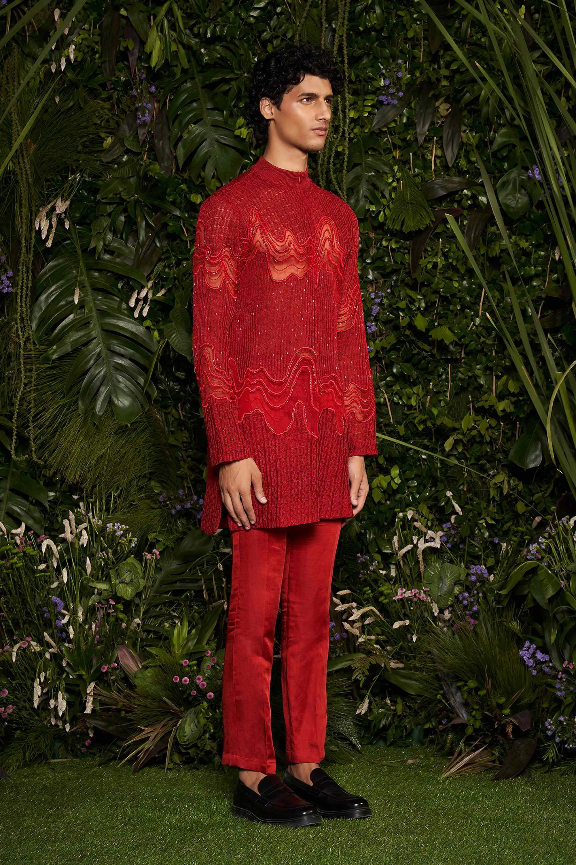 Vermillion Ripplet Stripe-knit Kurta with Churidaar