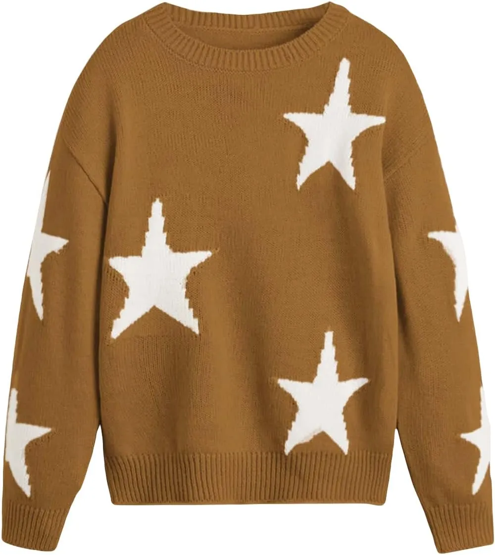 WDIRARA Girl's Star Pattern Round Neck Long Sleeve Sweater Casual Tops