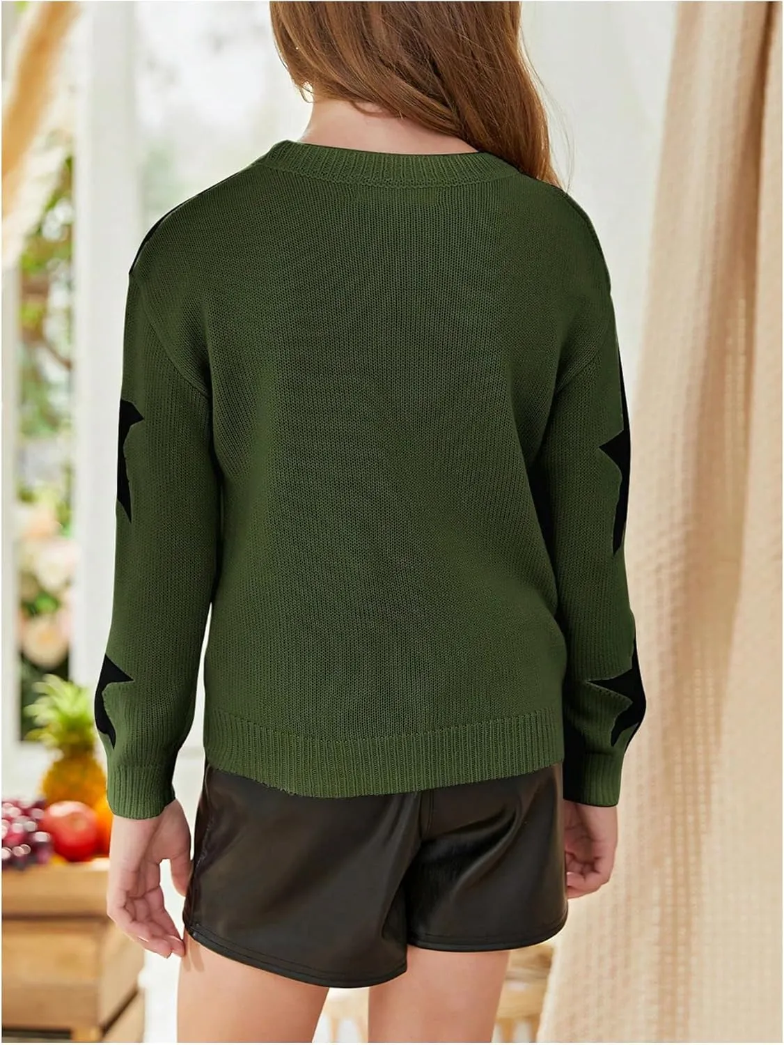 WDIRARA Girl's Star Pattern Round Neck Long Sleeve Sweater Casual Tops