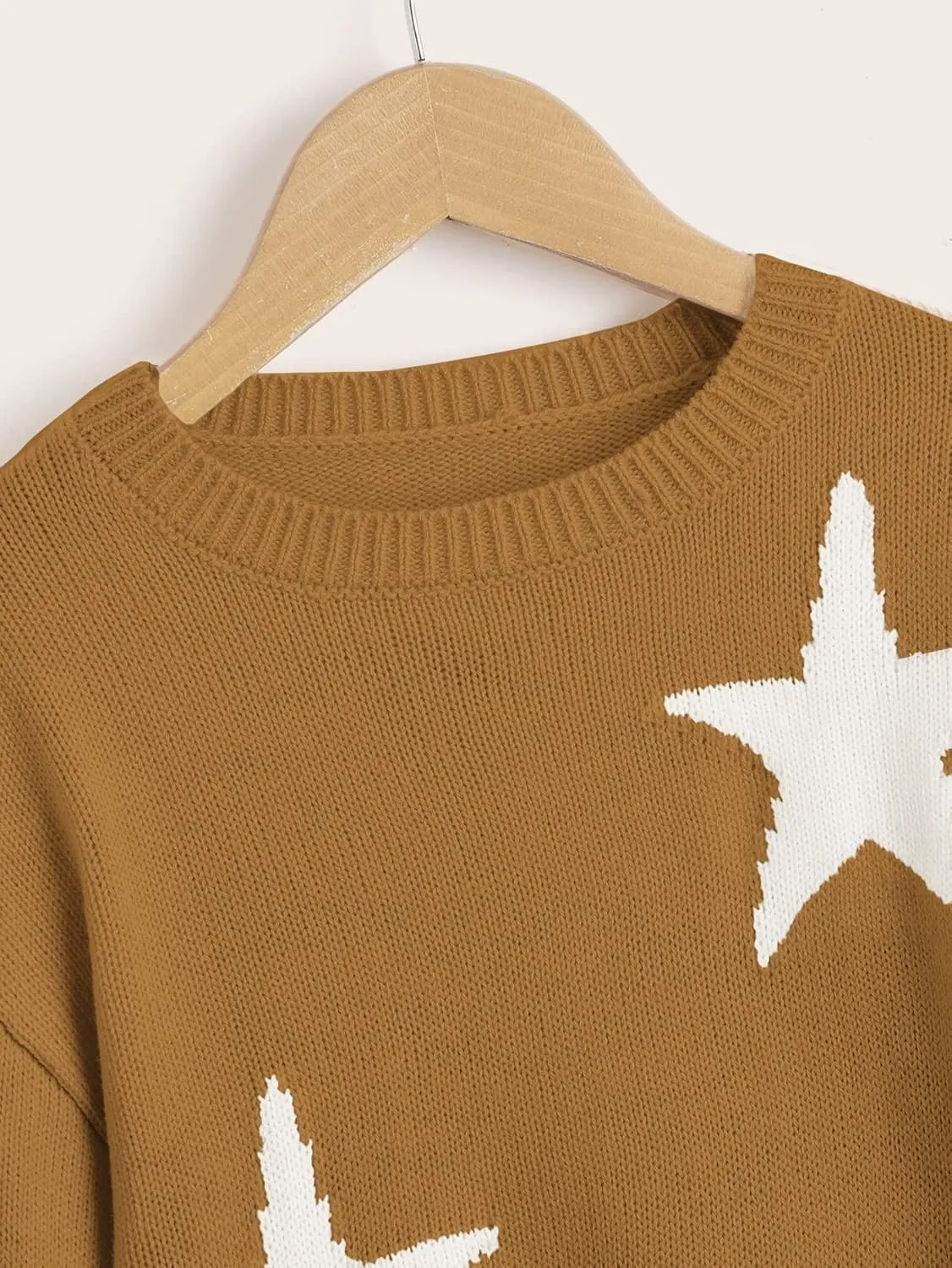 WDIRARA Girl's Star Pattern Round Neck Long Sleeve Sweater Casual Tops