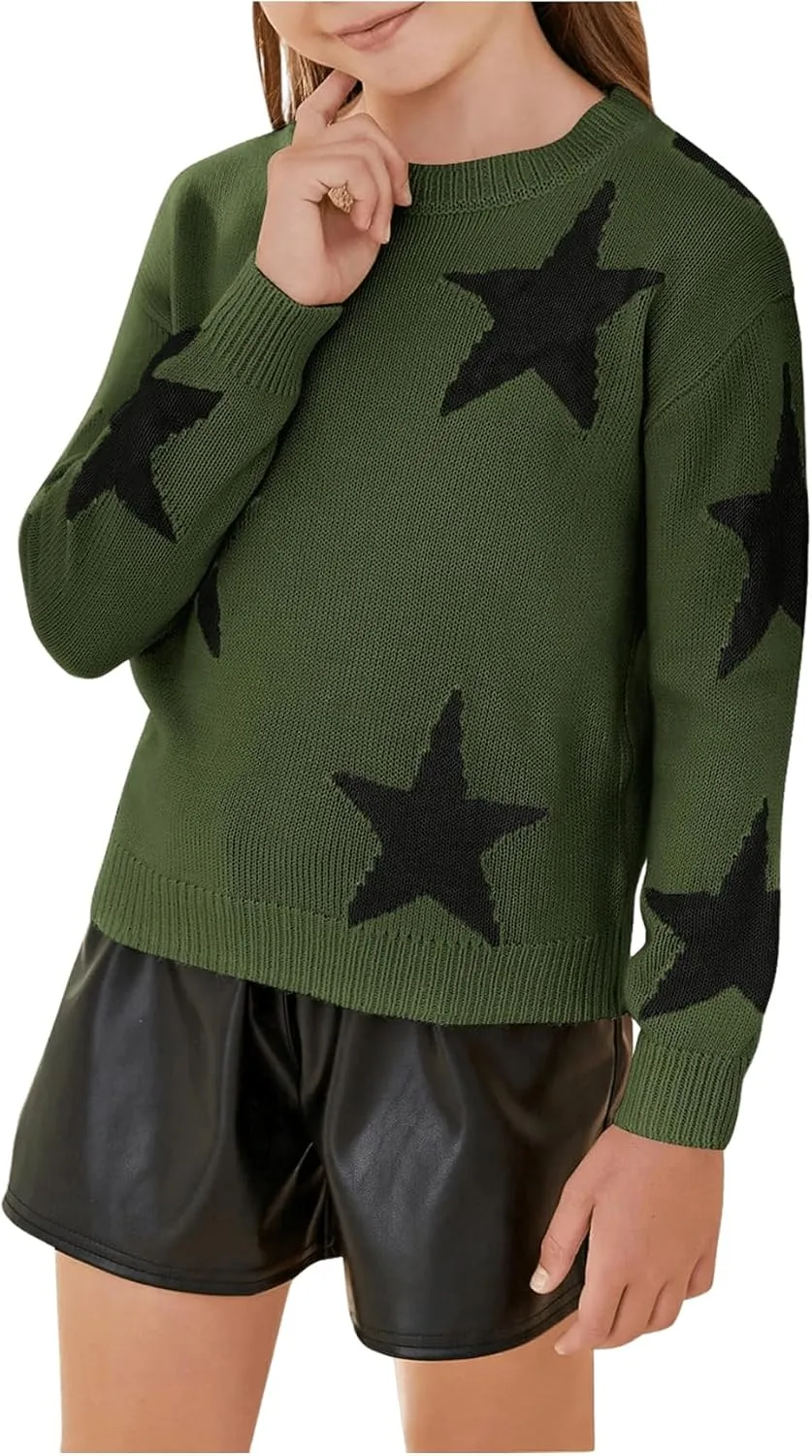 WDIRARA Girl's Star Pattern Round Neck Long Sleeve Sweater Casual Tops