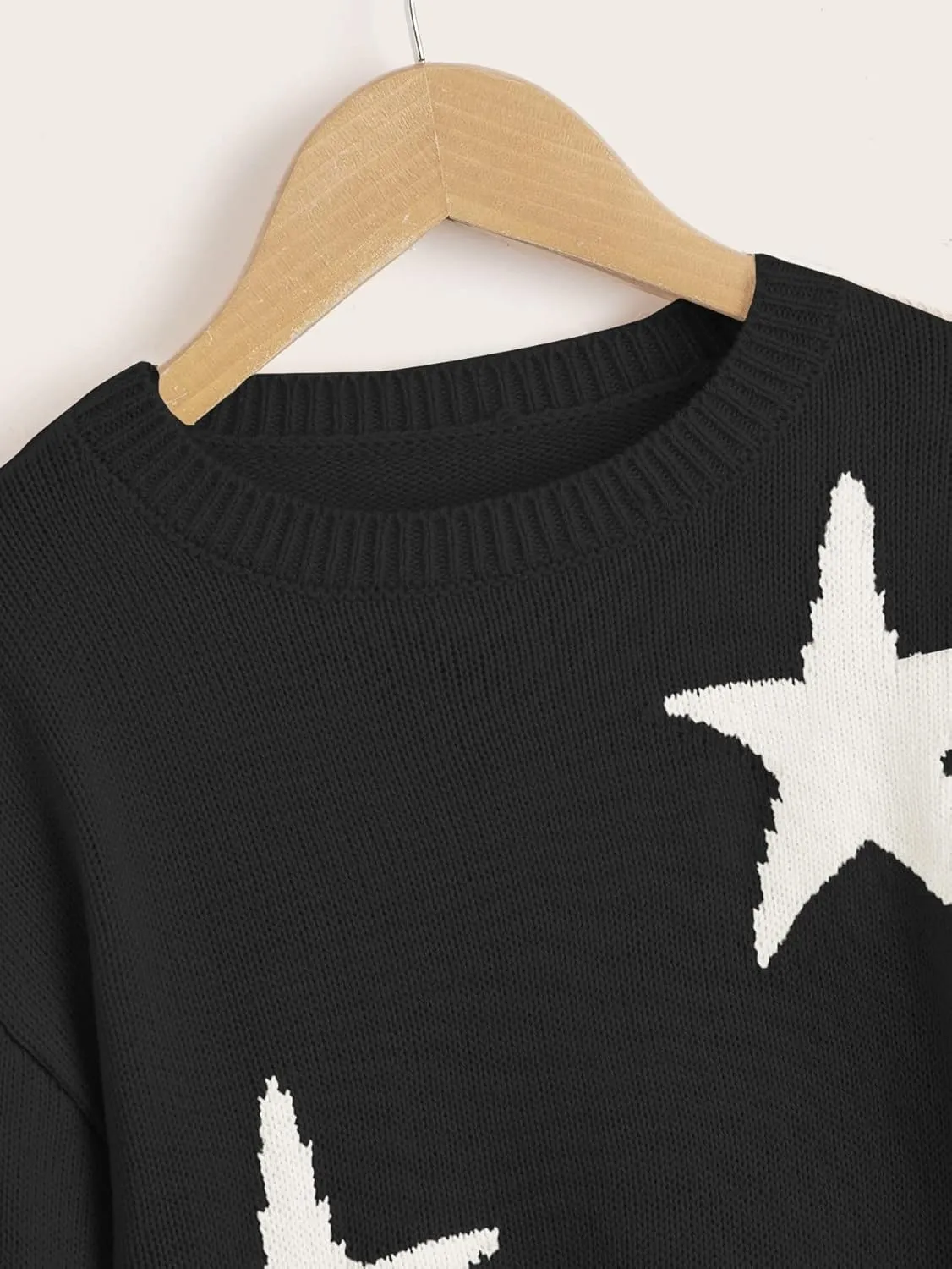 WDIRARA Girl's Star Pattern Round Neck Long Sleeve Sweater Casual Tops