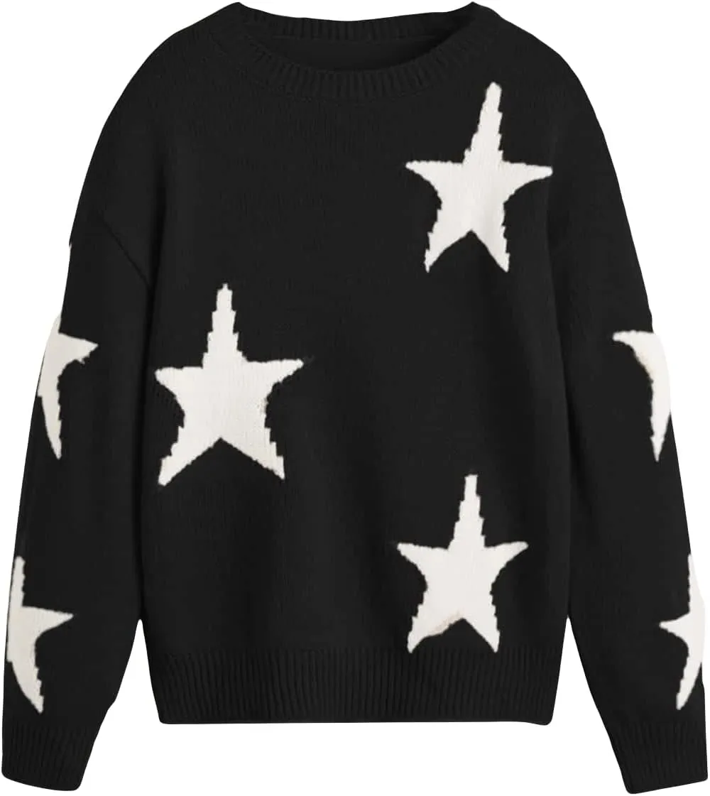 WDIRARA Girl's Star Pattern Round Neck Long Sleeve Sweater Casual Tops
