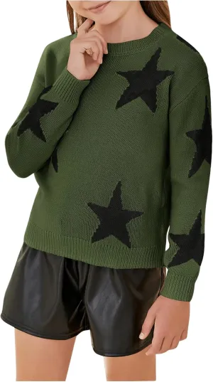 WDIRARA Girl's Star Pattern Round Neck Long Sleeve Sweater Casual Tops