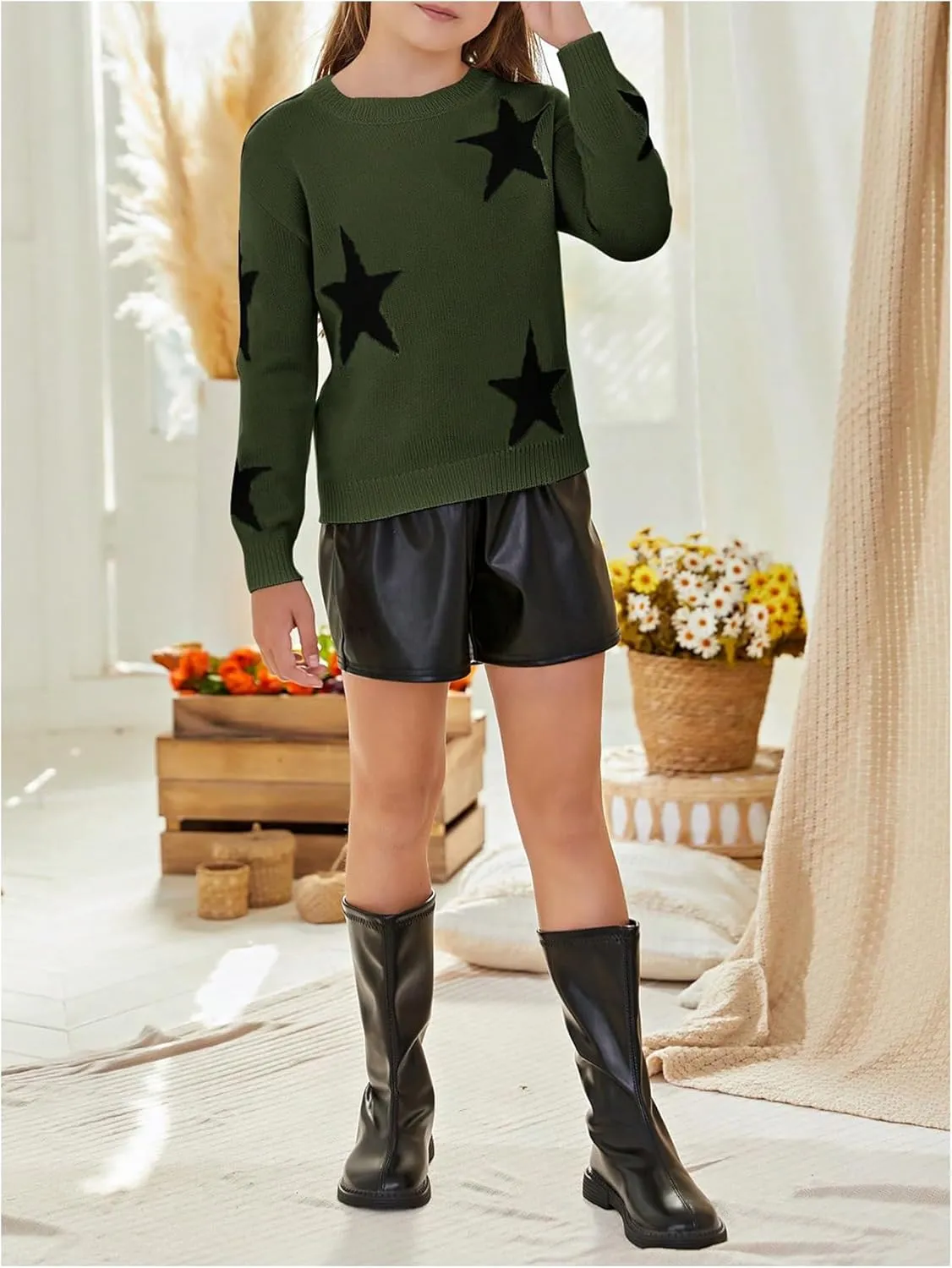WDIRARA Girl's Star Pattern Round Neck Long Sleeve Sweater Casual Tops