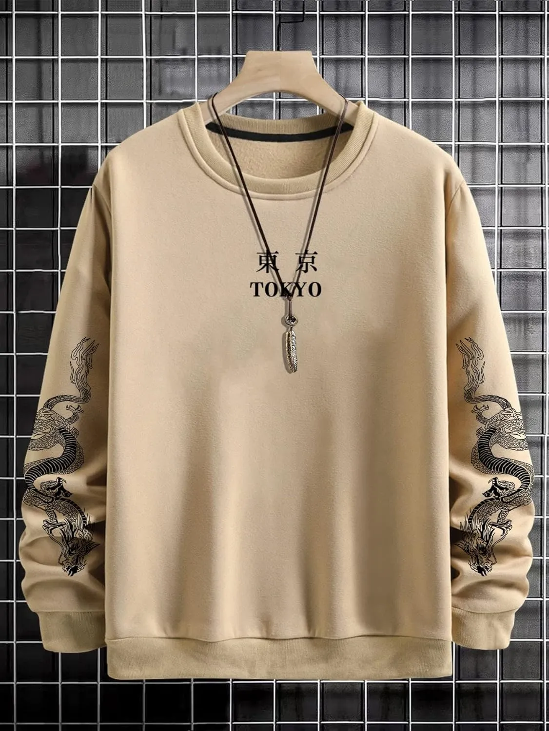 WDIRARA Men's Dragon Letter Graphic Print Sweatshirt Long Sleeve Round Neck Tops Casual Pullovers
