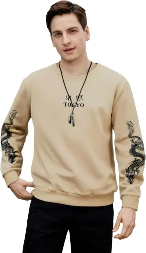 WDIRARA Men's Dragon Letter Graphic Print Sweatshirt Long Sleeve Round Neck Tops Casual Pullovers