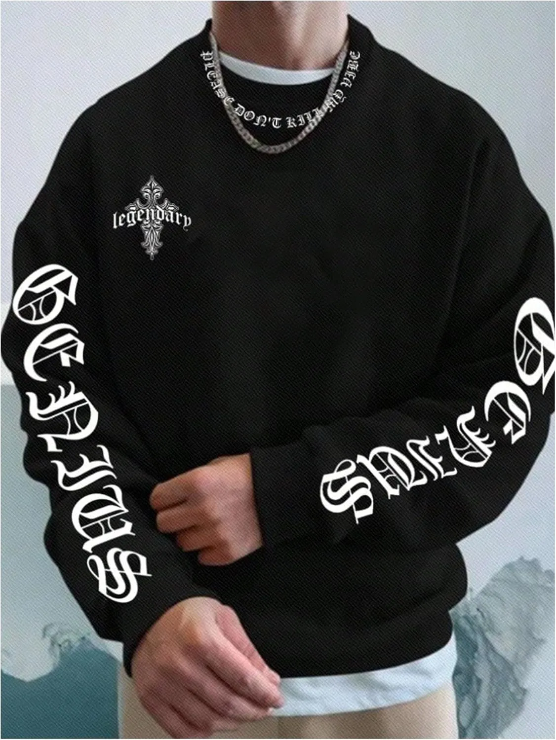 WDIRARA Men's Dragon Letter Graphic Print Sweatshirt Long Sleeve Round Neck Tops Casual Pullovers