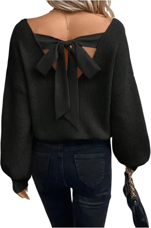 WDIRARA Women's Bow Sweaters Long Sleeve Backless V Neck Oversized Knit Pullover Sweater
