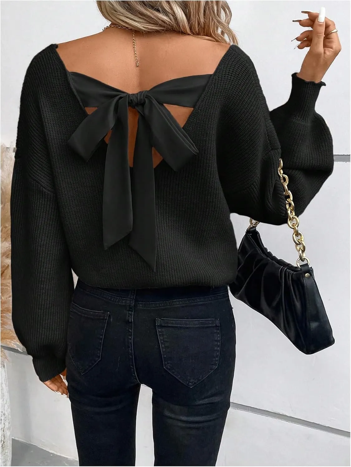 WDIRARA Women's Bow Sweaters Long Sleeve Backless V Neck Oversized Knit Pullover Sweater