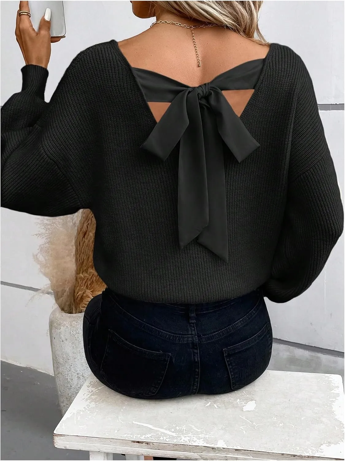 WDIRARA Women's Bow Sweaters Long Sleeve Backless V Neck Oversized Knit Pullover Sweater