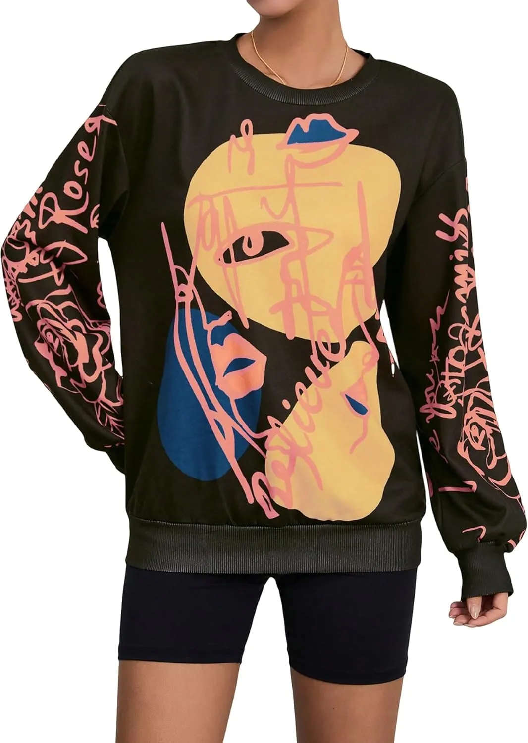 WDIRARA Women's Figure Graphic Print Sweatshirt Round Neck Long Sleeve Contrast Color Graffiti Pullovers