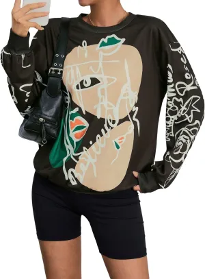 WDIRARA Women's Figure Graphic Print Sweatshirt Round Neck Long Sleeve Contrast Color Graffiti Pullovers
