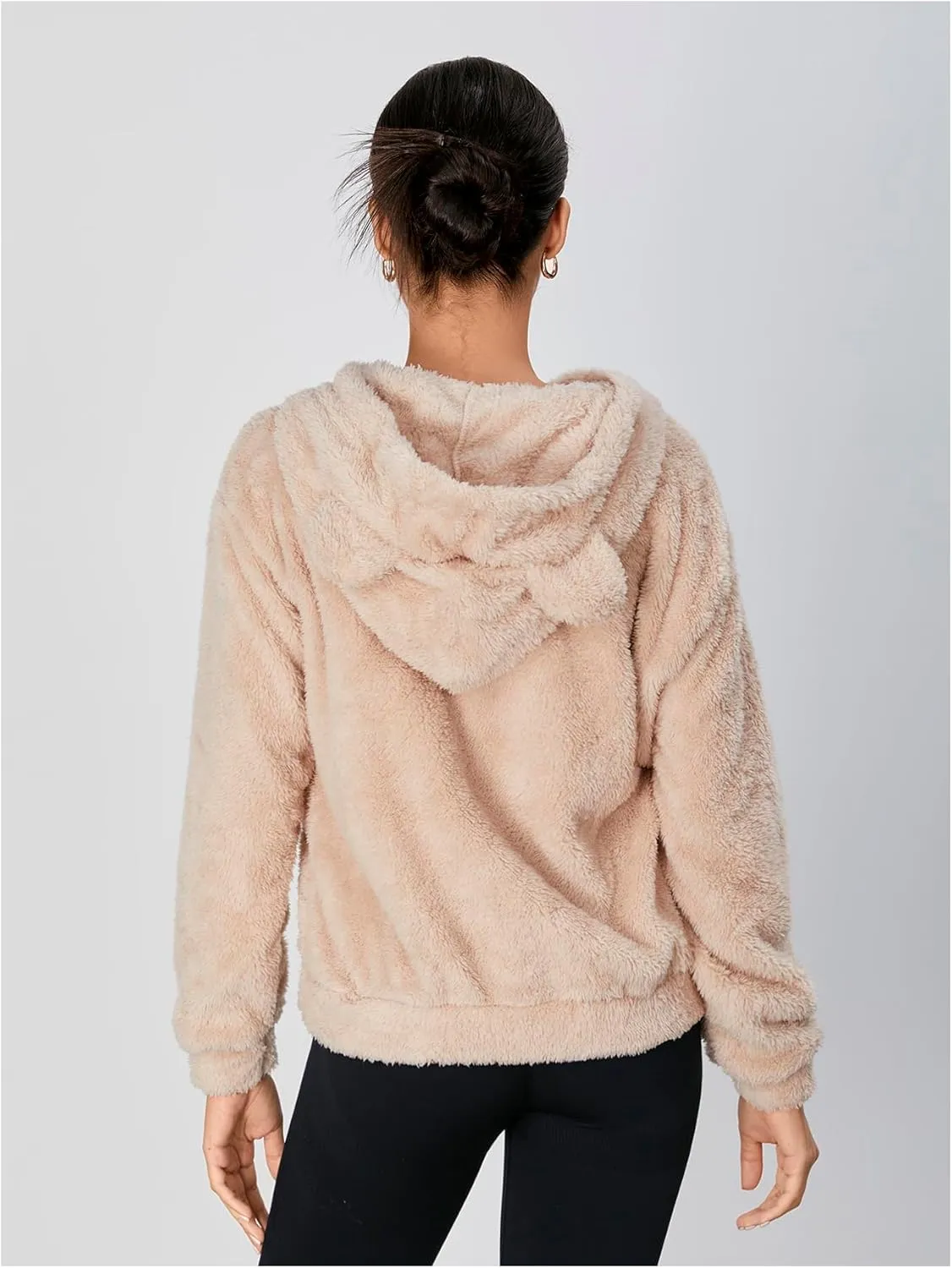 WDIRARA Women's Fuzzy Long Sleeve Pullovers Hoodie Cute Teddy Bear Hooded Sweatshirt