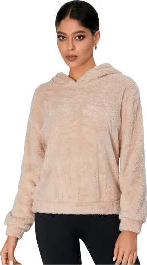 WDIRARA Women's Fuzzy Long Sleeve Pullovers Hoodie Cute Teddy Bear Hooded Sweatshirt