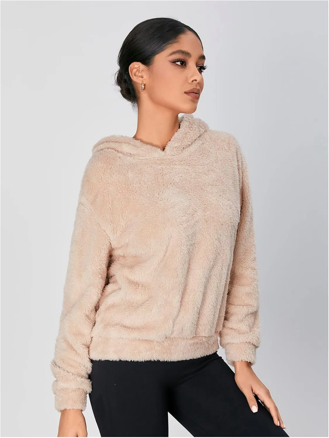 WDIRARA Women's Fuzzy Long Sleeve Pullovers Hoodie Cute Teddy Bear Hooded Sweatshirt
