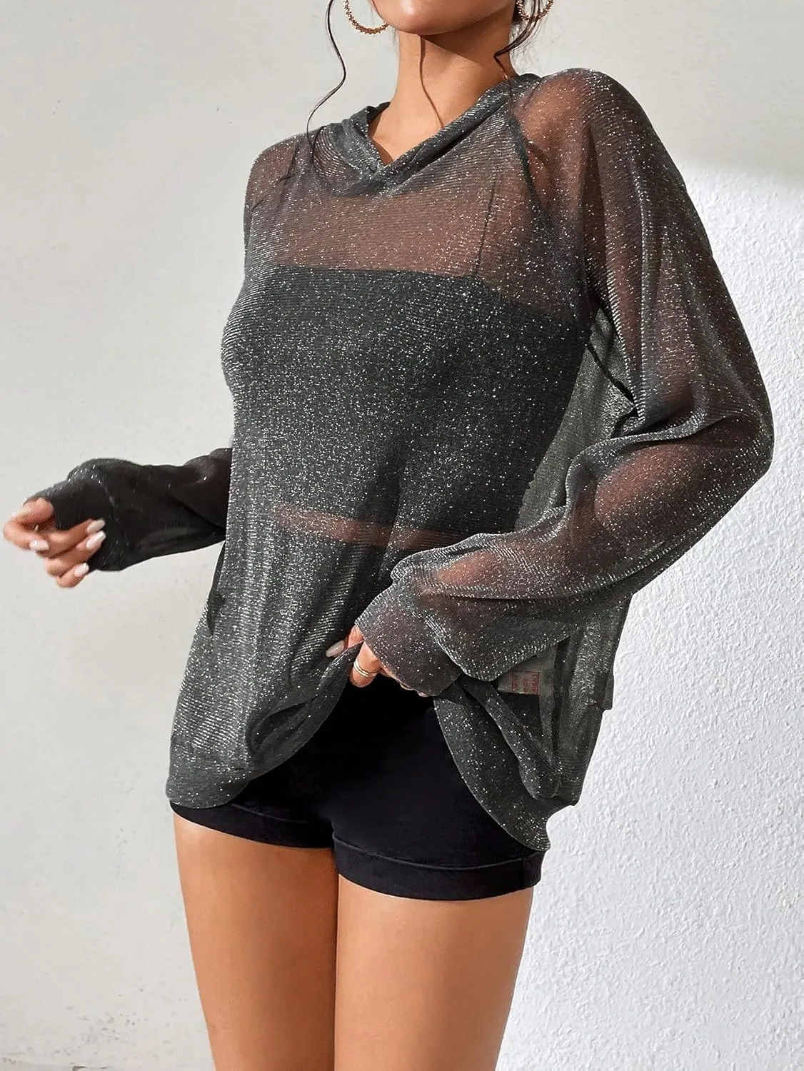 WDIRARA Women's Glitter Sheer Mesh See Through Long Sleeve Pullovers Oversized Shirts Hoodie Sweatshirts