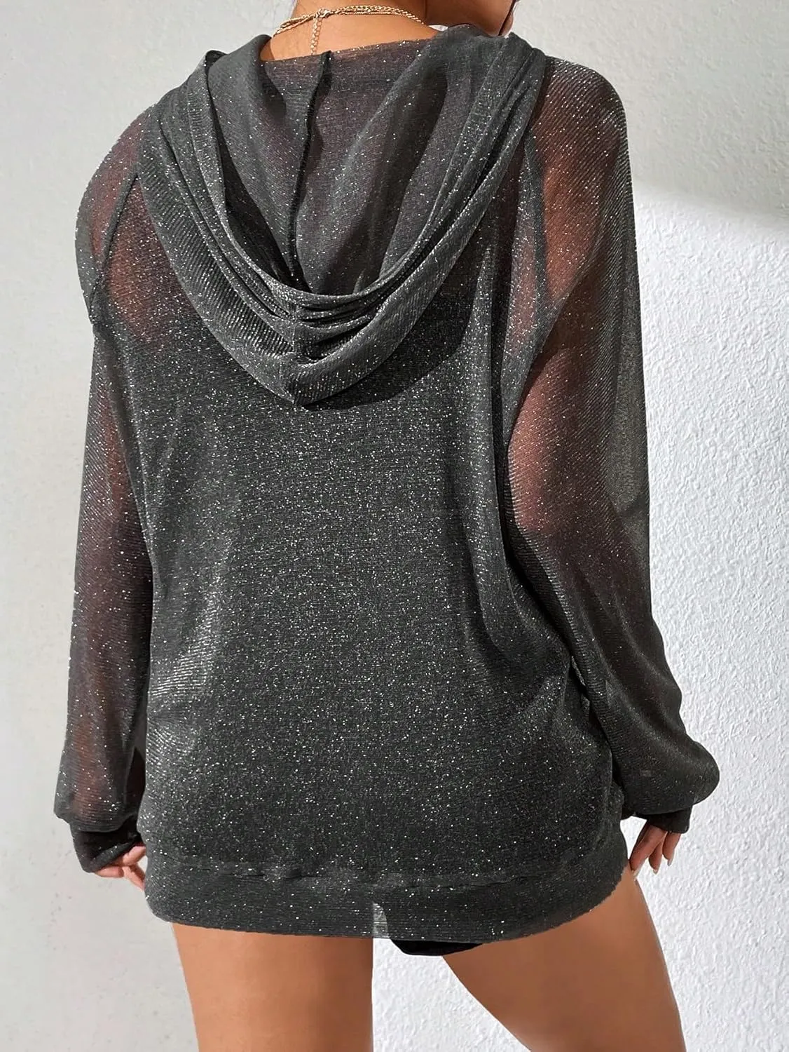 WDIRARA Women's Glitter Sheer Mesh See Through Long Sleeve Pullovers Oversized Shirts Hoodie Sweatshirts