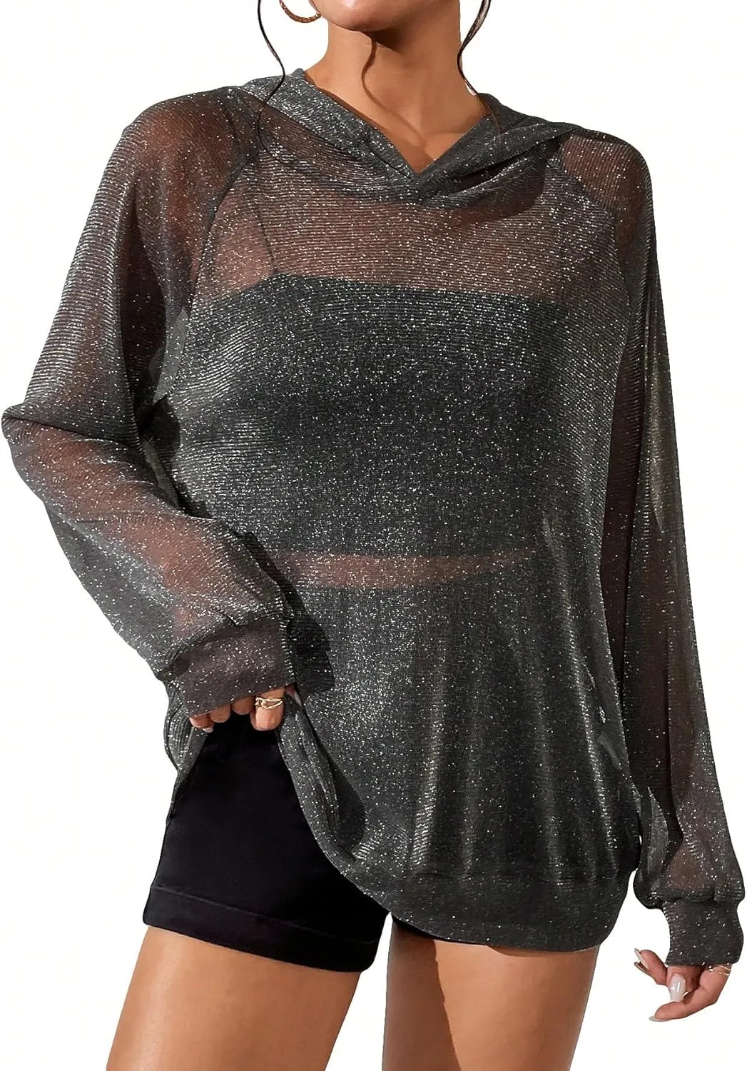 WDIRARA Women's Glitter Sheer Mesh See Through Long Sleeve Pullovers Oversized Shirts Hoodie Sweatshirts