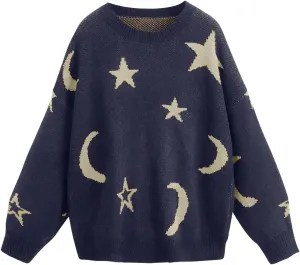 WDIRARA Women's Star Moon Print Long Sleeve Sweater Round Neck Knitted Pullovers Top