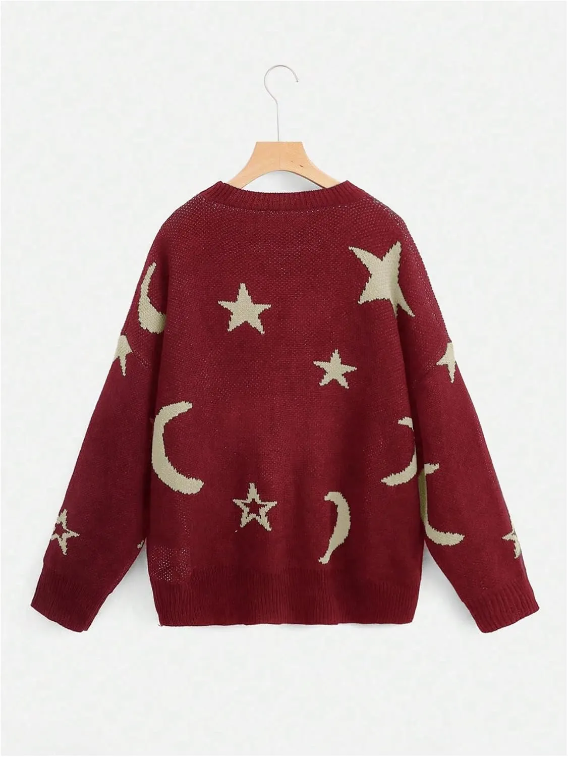 WDIRARA Women's Star Moon Print Long Sleeve Sweater Round Neck Knitted Pullovers Top