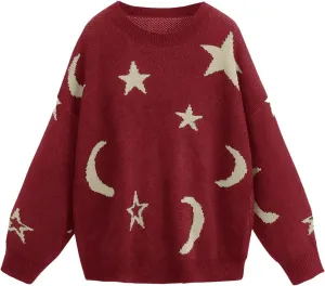 WDIRARA Women's Star Moon Print Long Sleeve Sweater Round Neck Knitted Pullovers Top