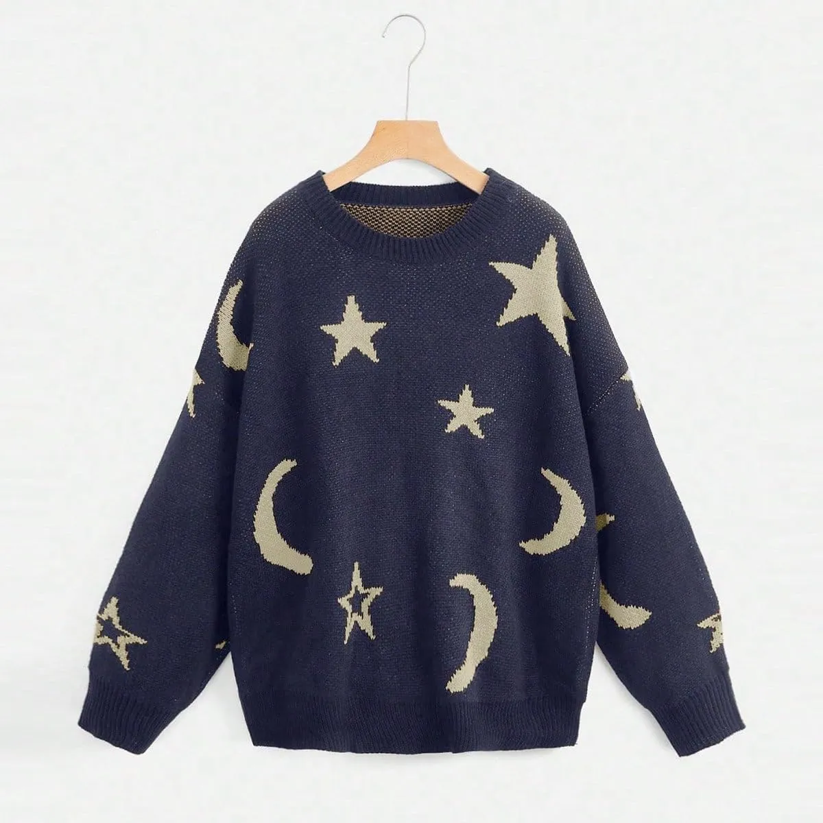 WDIRARA Women's Star Moon Print Long Sleeve Sweater Round Neck Knitted Pullovers Top