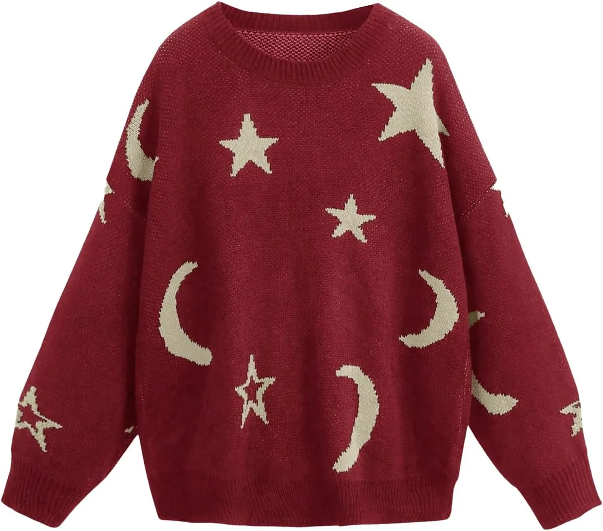 WDIRARA Women's Star Moon Print Long Sleeve Sweater Round Neck Knitted Pullovers Top