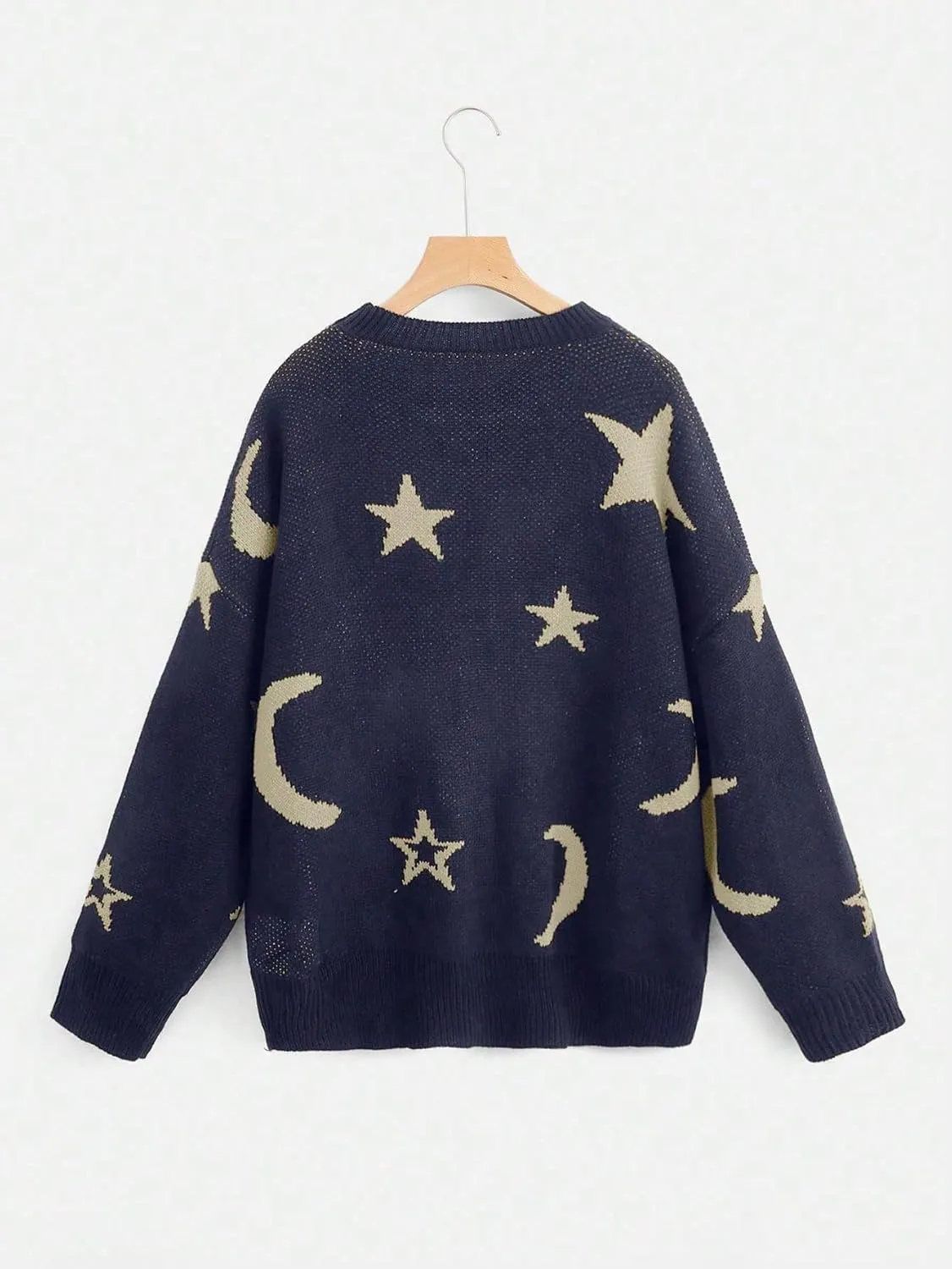 WDIRARA Women's Star Moon Print Long Sleeve Sweater Round Neck Knitted Pullovers Top