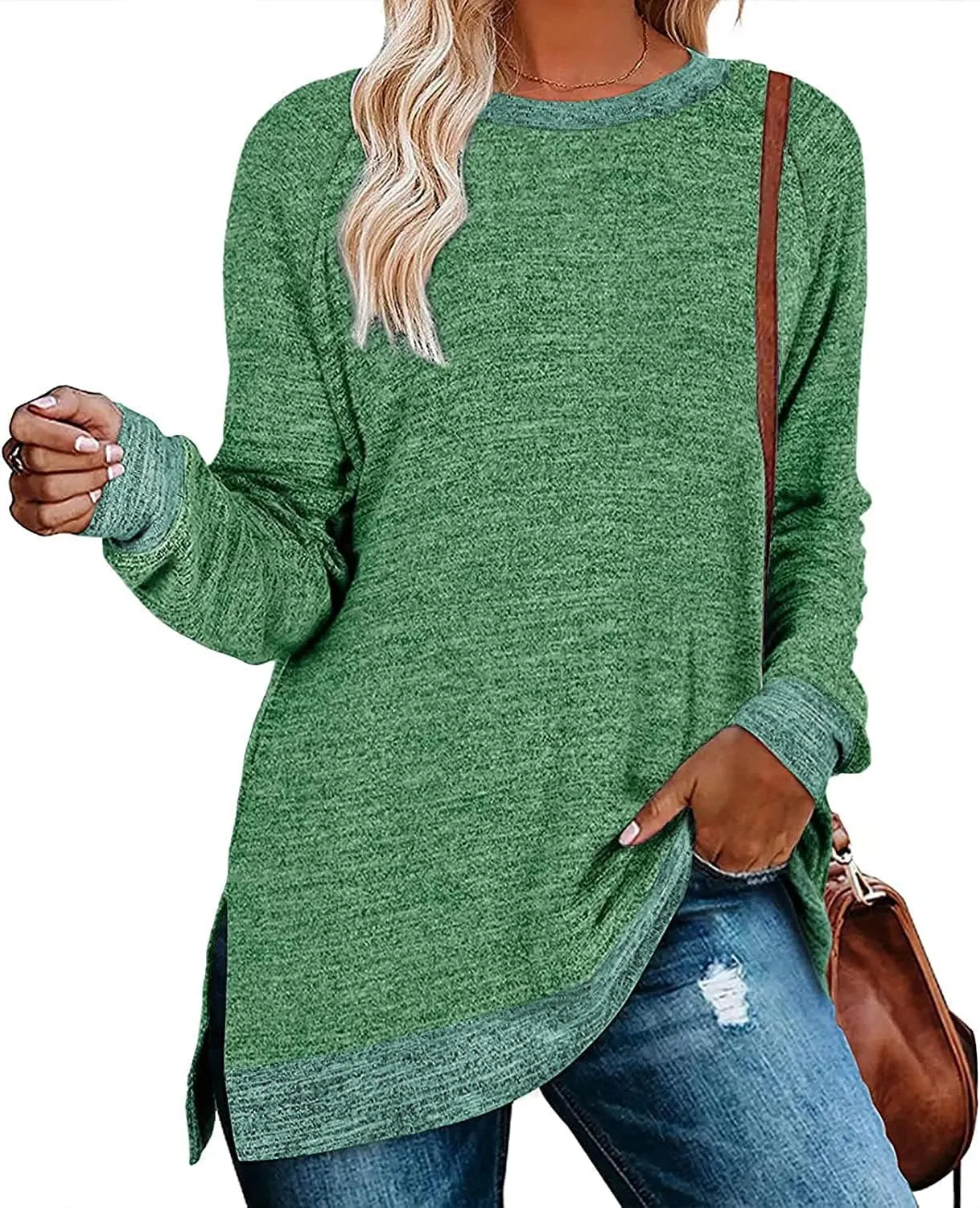 WELINCO Womens Crewneck Pullovers Color Block Long Sleeve Side Split Tunic Tops
