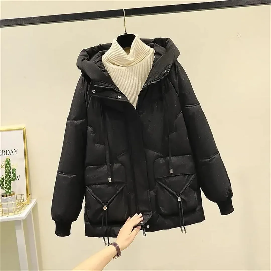 Winter Down Cotton-Padded Jacket Pocket Coat Women's Padded Collar Long Hooded Casual Solid Color Coat