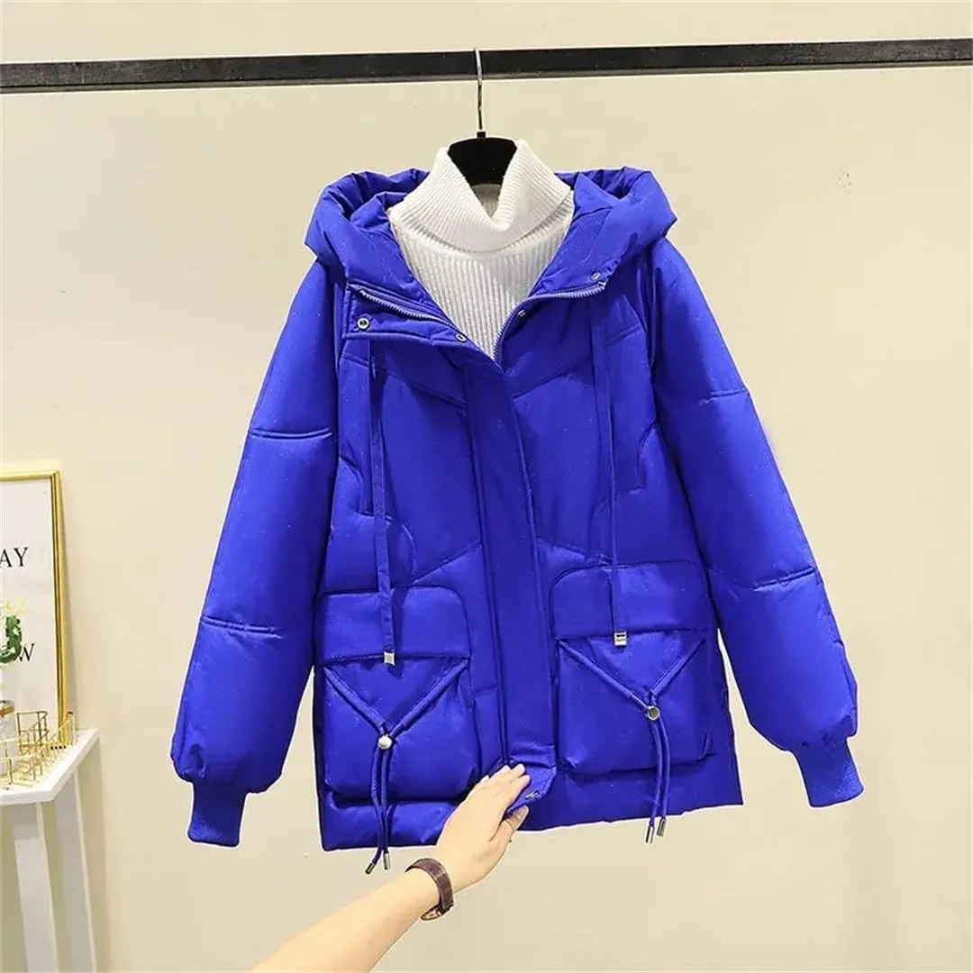 Winter Down Cotton-Padded Jacket Pocket Coat Women's Padded Collar Long Hooded Casual Solid Color Coat