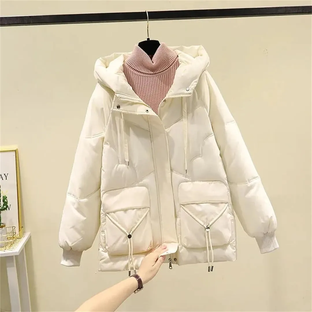 Winter Down Cotton-Padded Jacket Pocket Coat Women's Padded Collar Long Hooded Casual Solid Color Coat