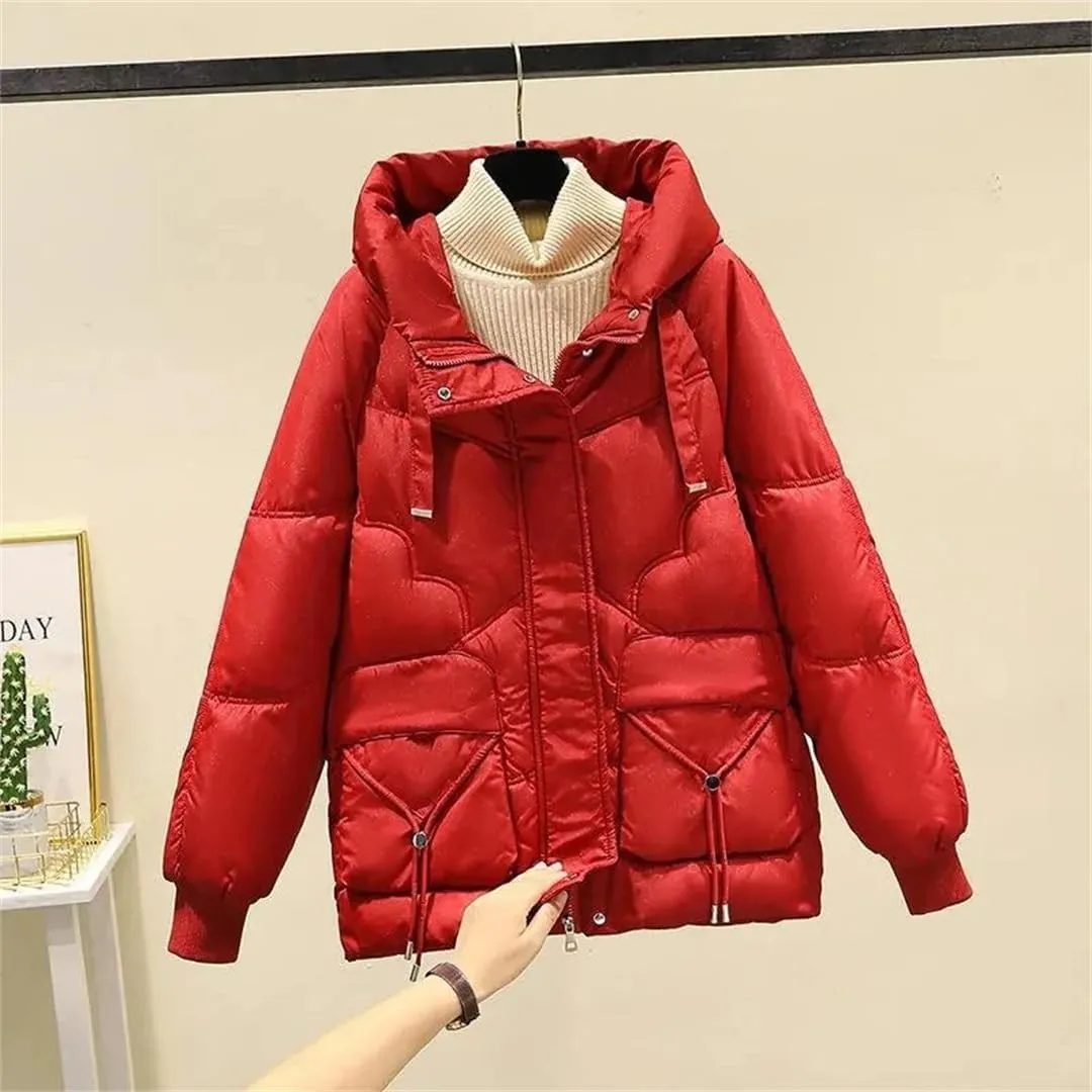 Winter Down Cotton-Padded Jacket Pocket Coat Women's Padded Collar Long Hooded Casual Solid Color Coat