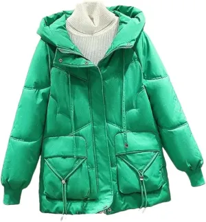 Winter Down Cotton-Padded Jacket Pocket Coat Women's Padded Collar Long Hooded Casual Solid Color Coat