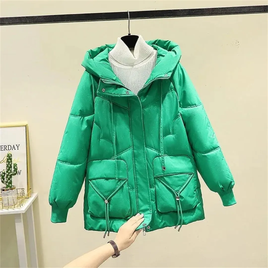 Winter Down Cotton-Padded Jacket Pocket Coat Women's Padded Collar Long Hooded Casual Solid Color Coat