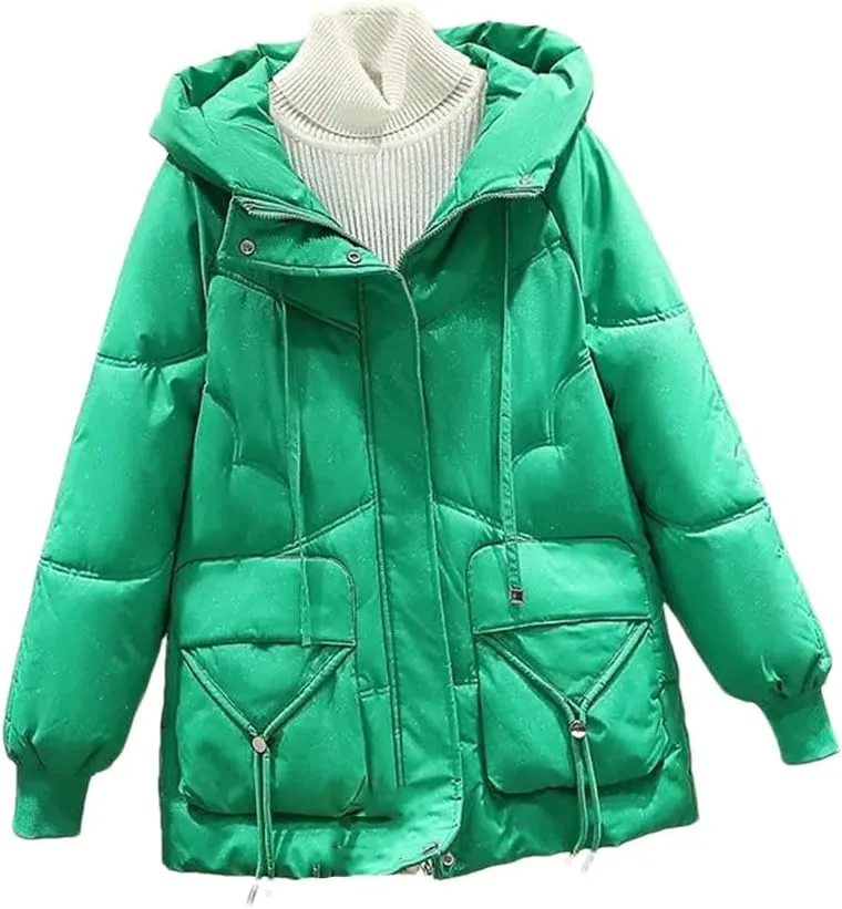 Winter Down Cotton-Padded Jacket Pocket Coat Women's Padded Collar Long Hooded Casual Solid Color Coat