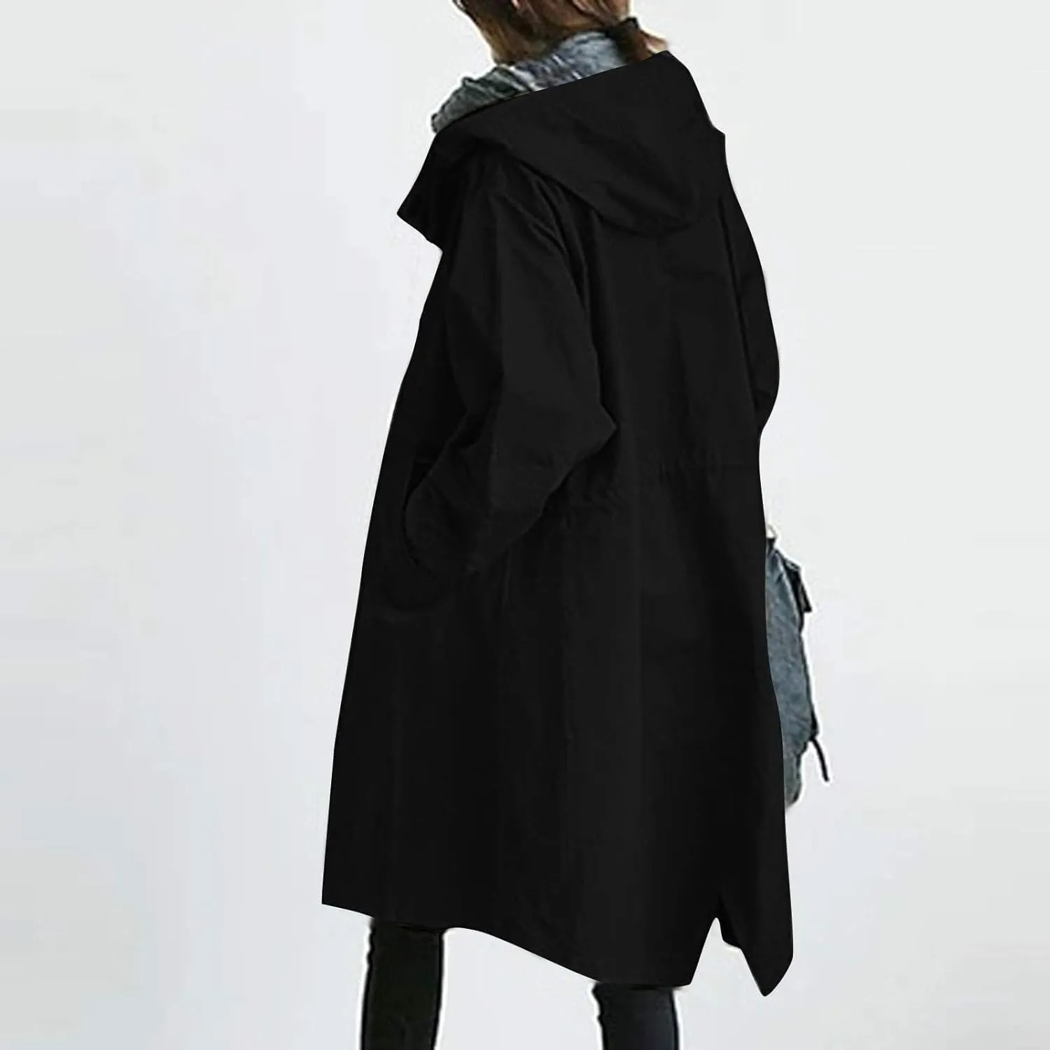 Women Hooded Trench Loose Lightweight Oversized Windproof Rain Jacket Casual Button Long Sleeve Outwear with Pockets