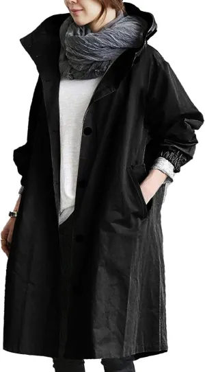 Women Hooded Trench Loose Lightweight Oversized Windproof Rain Jacket Casual Button Long Sleeve Outwear with Pockets